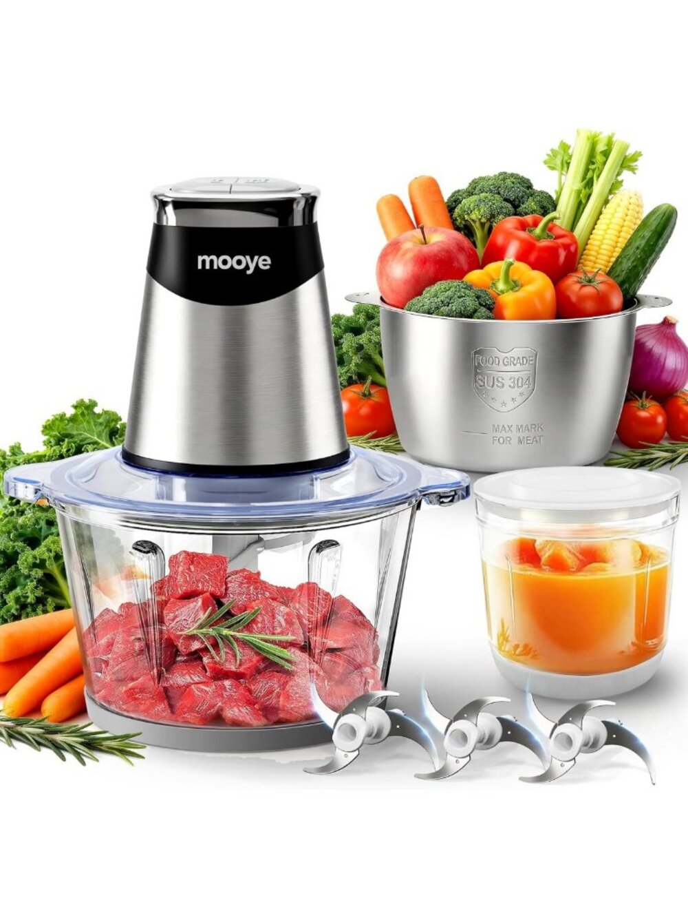 Electric Food Processor & Meat Grinder - 3 Bowls, Powerful Motor, Bi-Level